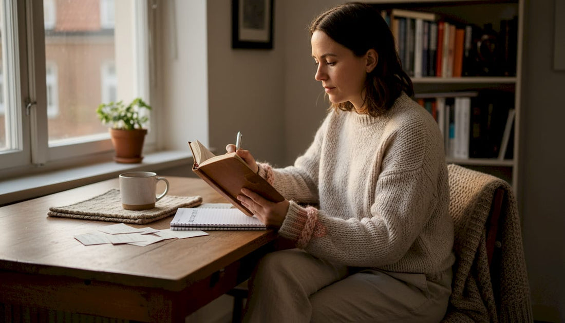 En kvinna sitter vid köksbordet och skriver i sin dagbok en tidig morgon.