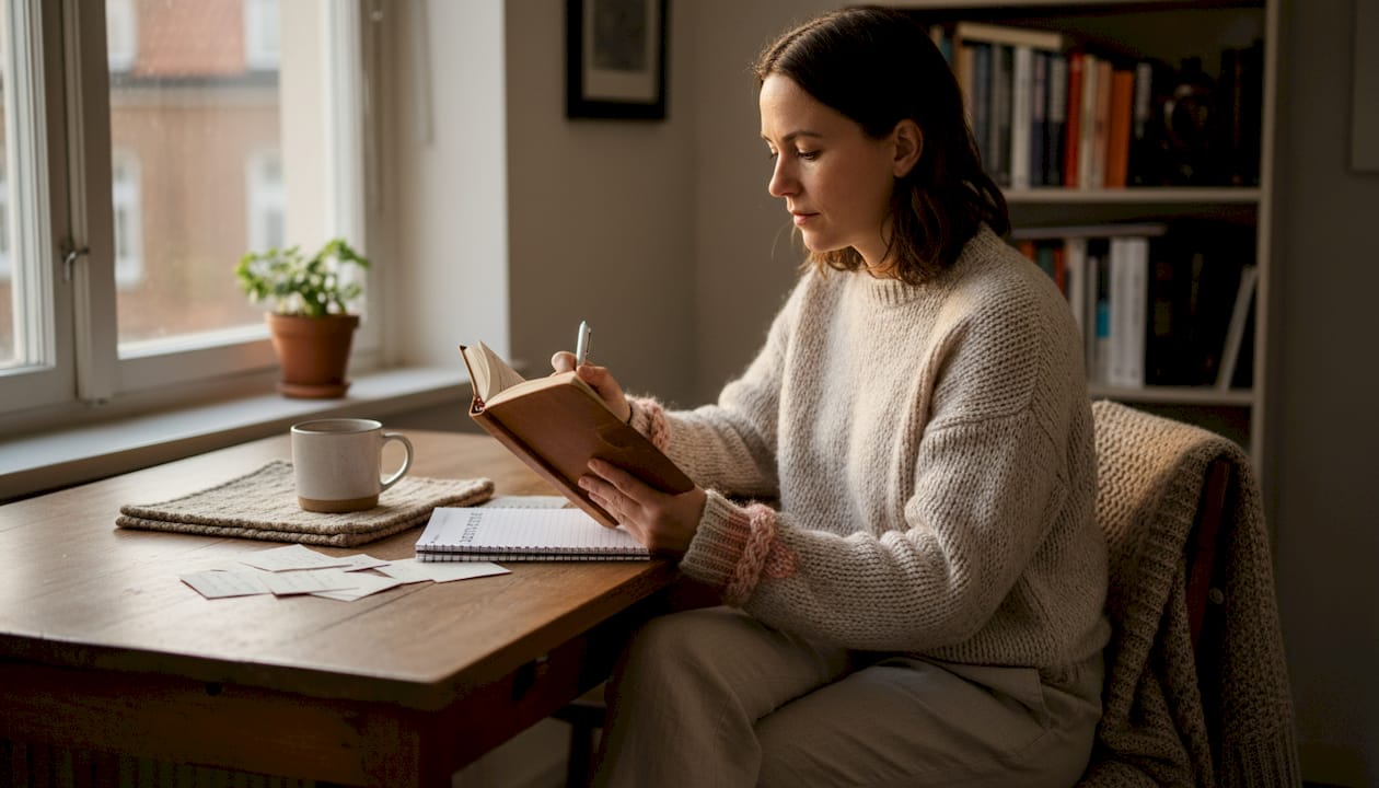 En kvinna sitter vid köksbordet och skriver i sin dagbok en tidig morgon.