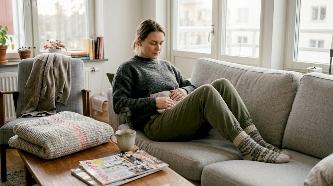 Kvinna lindrar värken hemma med en värmedyna