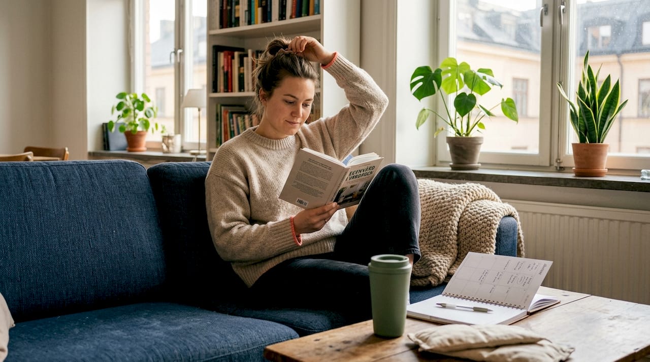 En kvinna sitter i vardagsrummet och fördjupar sig i en bok om egenvård.