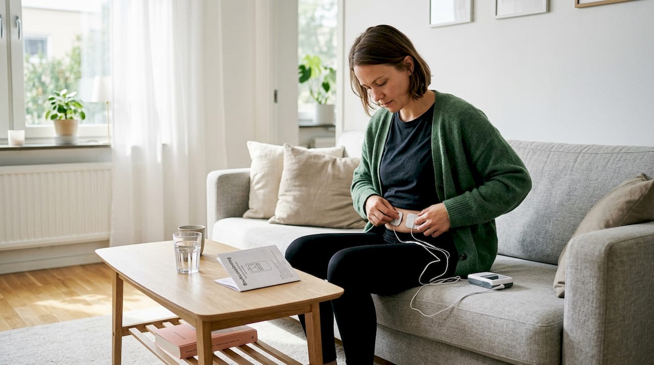 Kvinna förbereder sin TENS-apparat hemma