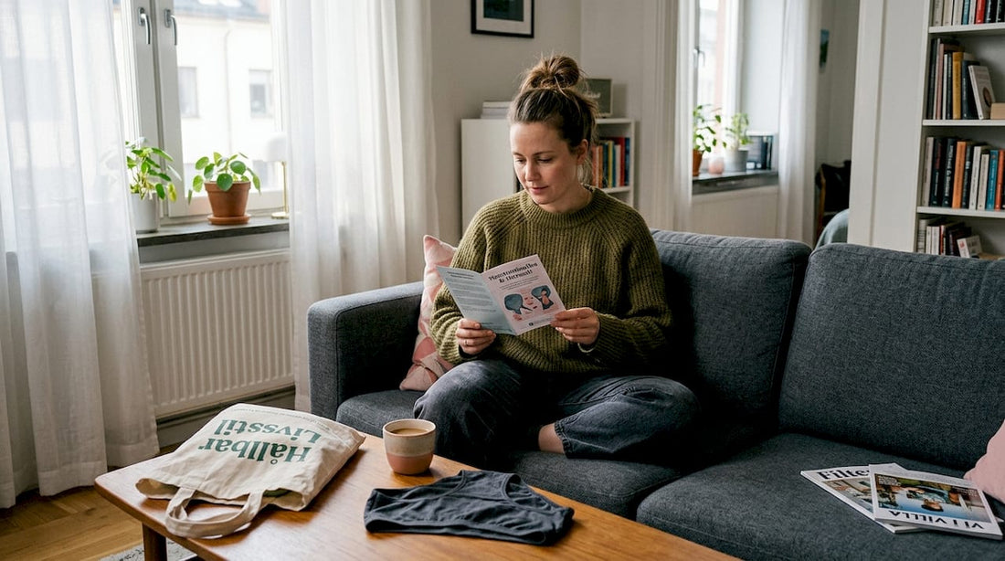 En kvinna sitter hemma och läser en informationsbroschyr om mensvård.