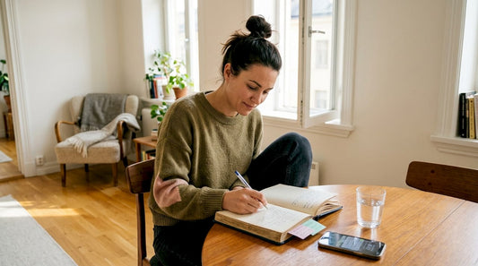 En kvinna sitter vid det soliga köksbordet och skriver i sin dagbok.