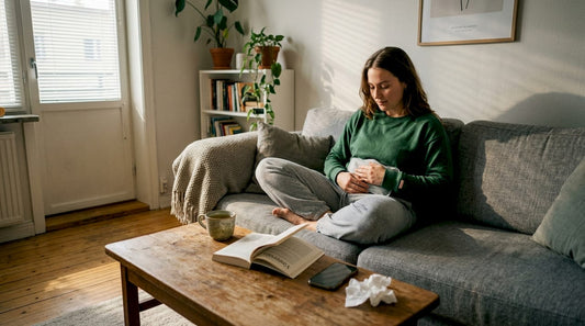 Kvinna som lindrar mensvärk hemma med en värmekudde som en del av sin egenvård