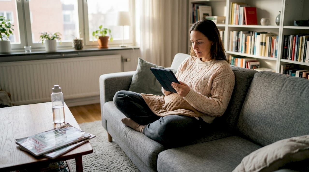 En kvinna lindrar mensvärken med hjälp av en värmekudde.