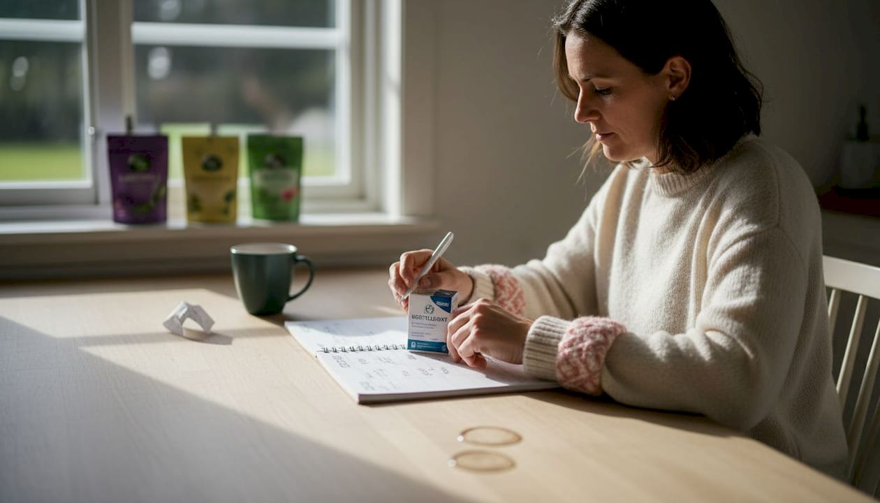 Kvinna för anteckningar om sin menshälsa i ett ljust och hemtrevligt rum