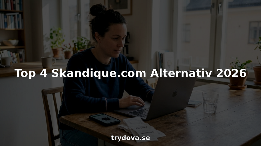 Kvinna sitter vid köksbordet och jämför olika nätbutiker.