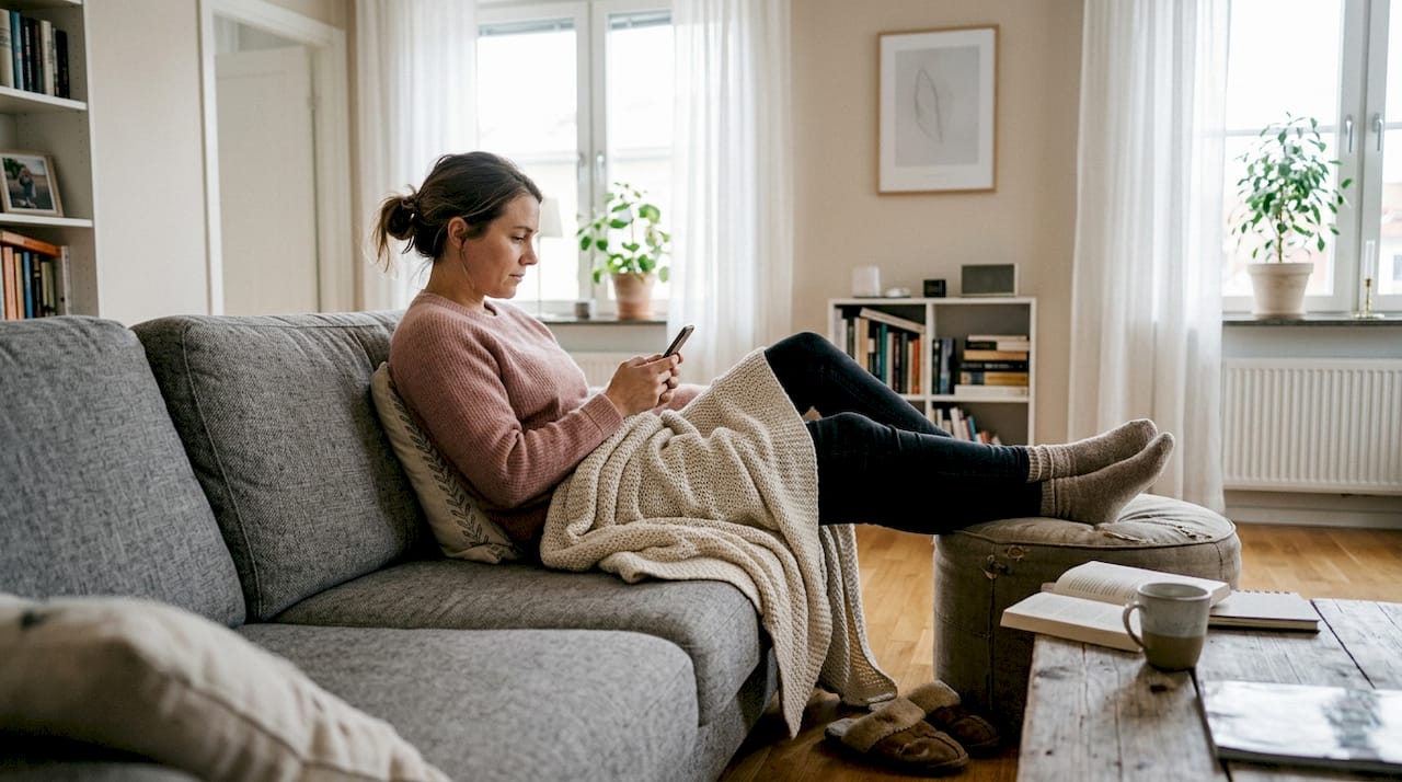 Kvinna slappnar av hemma med ergonomiskt stöd