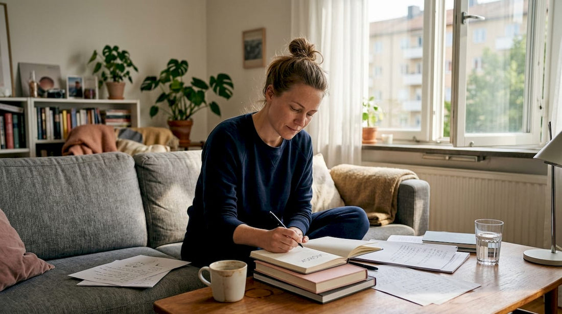 En kvinna sitter i vardagsrummet och skriver i sin dagbok.