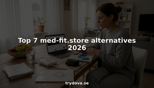 En kvinna sitter hemma och jämför olika hälsoprodukter för att hitta det som passar henne bäst.