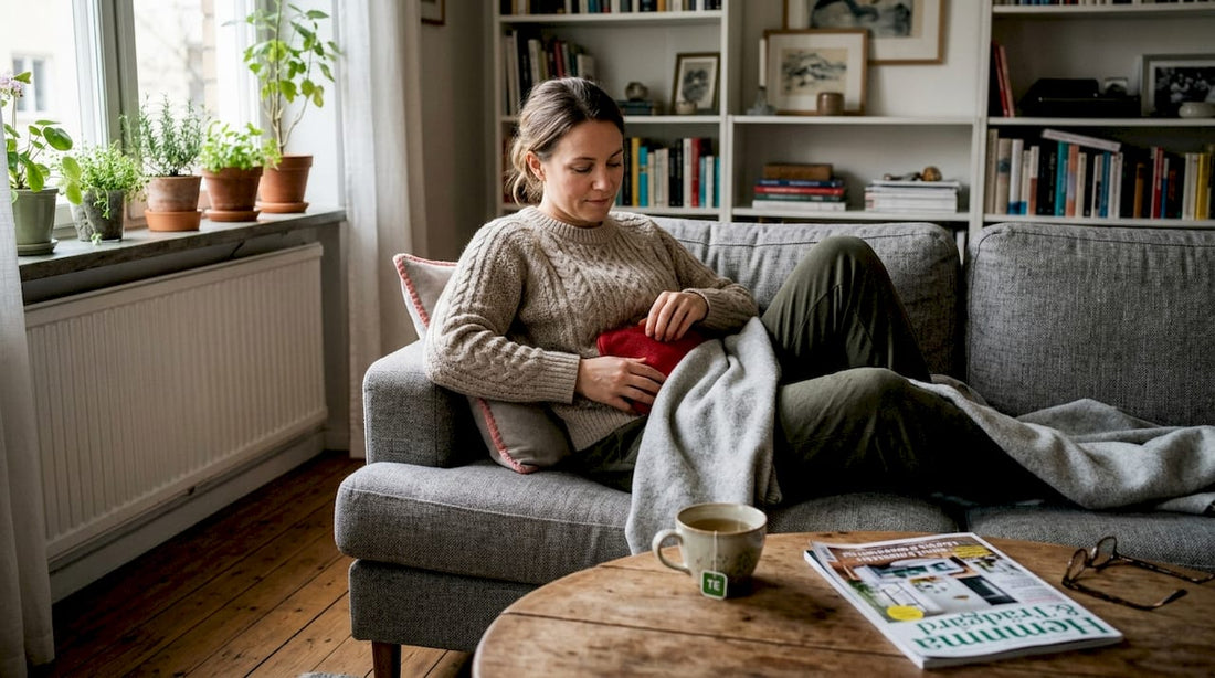 En kvinna sitter i vardagsrummet och värmer sig med en värmekudde.