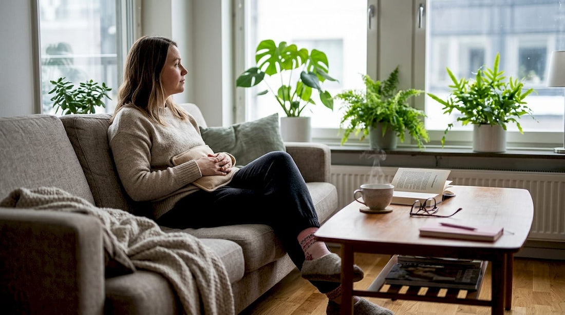 En kvinna sitter i sitt vardagsrum och värmer sig med en värmekudde.