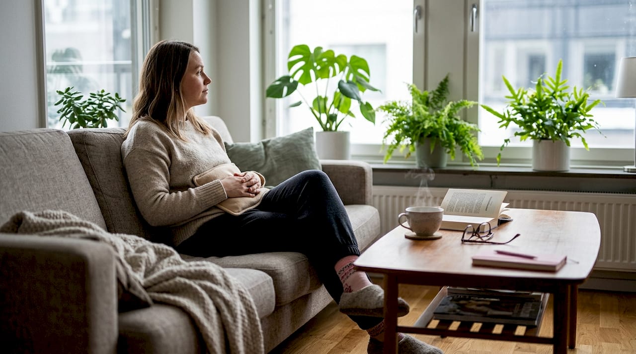 En kvinna sitter i sitt vardagsrum och värmer sig med en värmekudde.