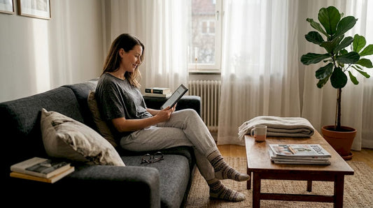 En kvinna tränar hållning med övningar hemma i sitt vardagsrum.