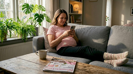 En kvinna lindrar mensvärken hemma med hjälp av en värmedyna.