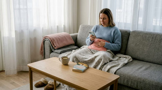 En kvinna sitter hemma i vardagsrummet med en värmedyna i knät.