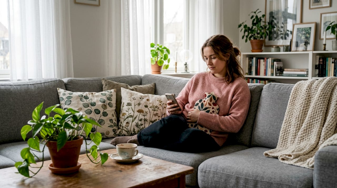 En kvinna lindrar sin mensvärk hemma genom att använda en värmekudde.