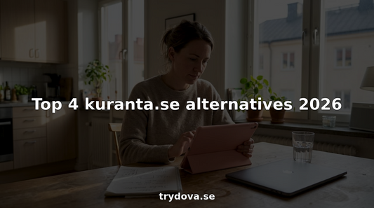 Kvinna sitter vid köksbordet och jämför olika produkter på sin surfplatta.